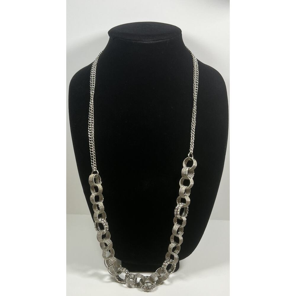Bold Silver Tone Large Textured & Rhinestone Circle Linked Statement Necklace